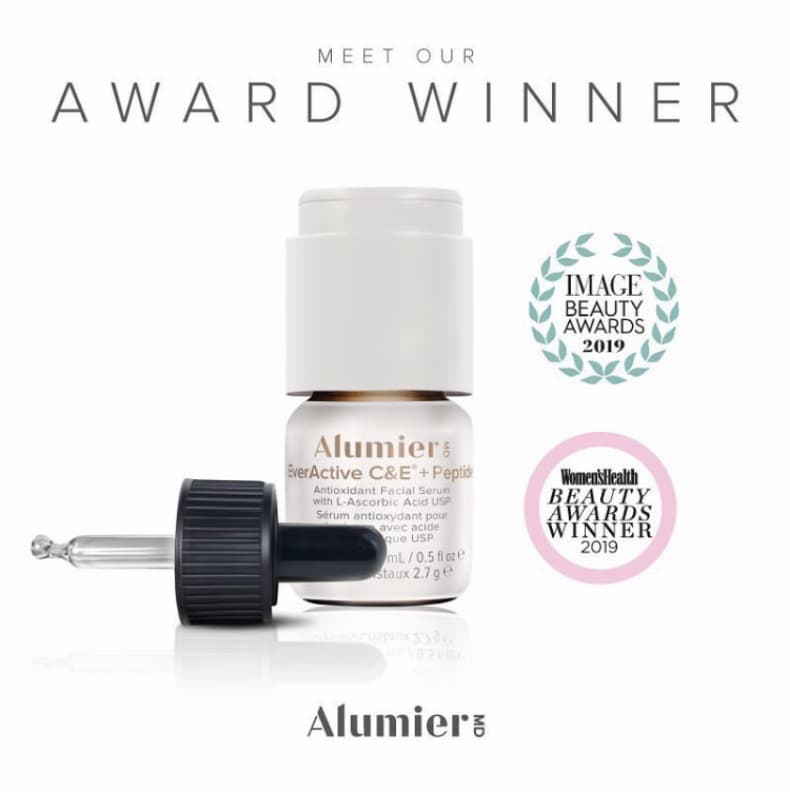 Alumier product with acknowledgement of awards the brand has won: 'Image Beauty Awards 2019' and 'Women's Health Beauty Awards 2019'